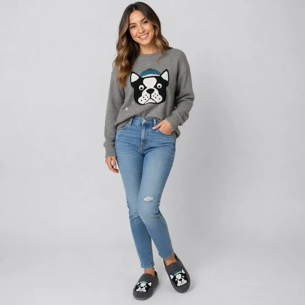 Skechers BOBS for Dogs Frenchie Boston Terrier Gray Felt Flats 34407 Womens‎ 8